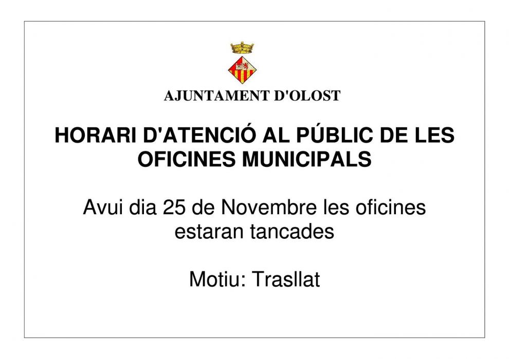 Les oficines de l'Ajuntament estaran tancades durant tot el dia